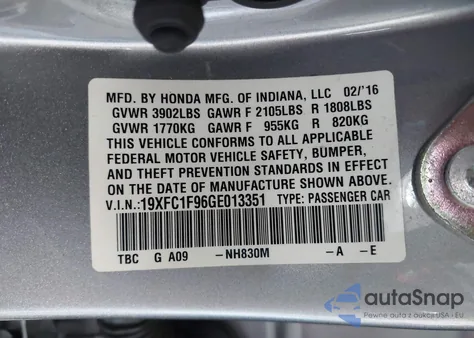 2016 Honda Civic Touring z USA, uszkodzony, nr VIN 19XFC1F96GE013351